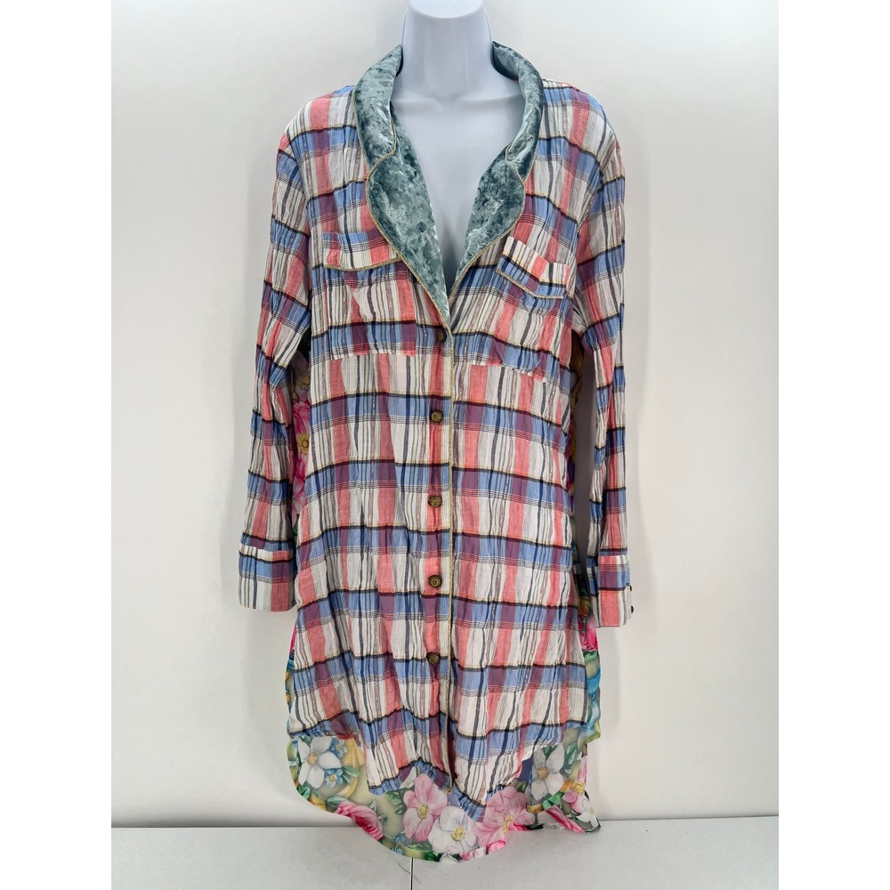 Aratta Silent Journey XL Plaid Floral Mixed Media Shirt Dress Velvet Collar - Picture 13 of 13